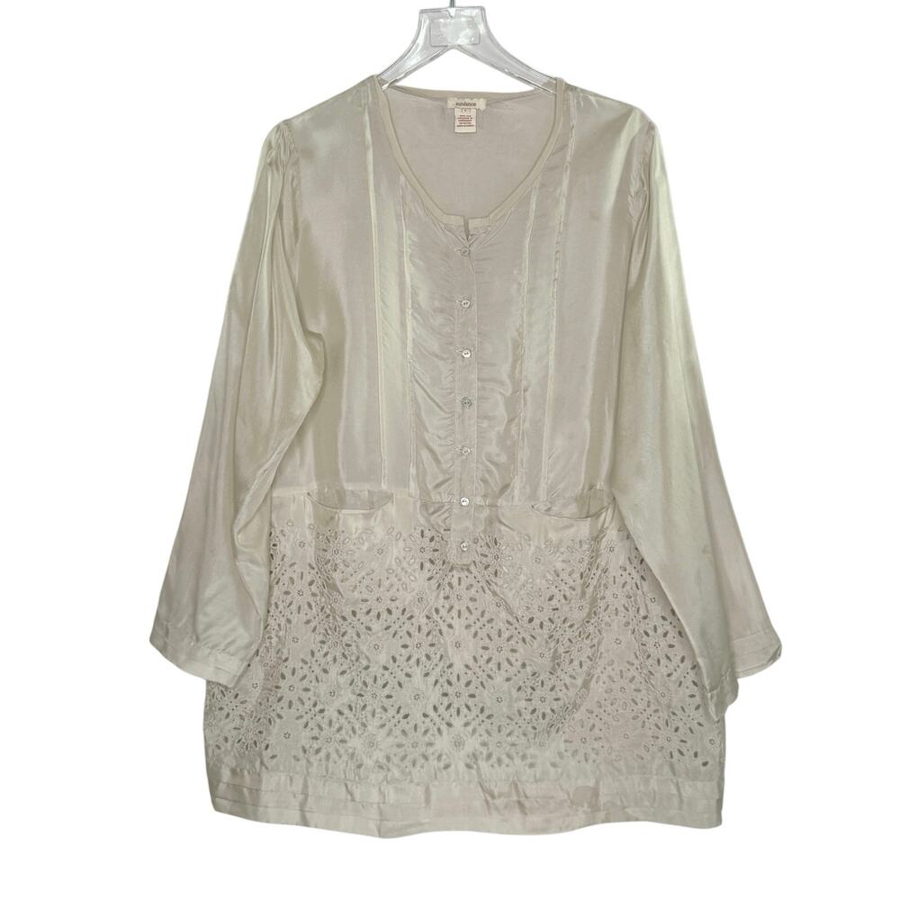 Sundance 100% Silk Floral Tunic Popover Eyelet Blouse L Beige Breathable *flaw